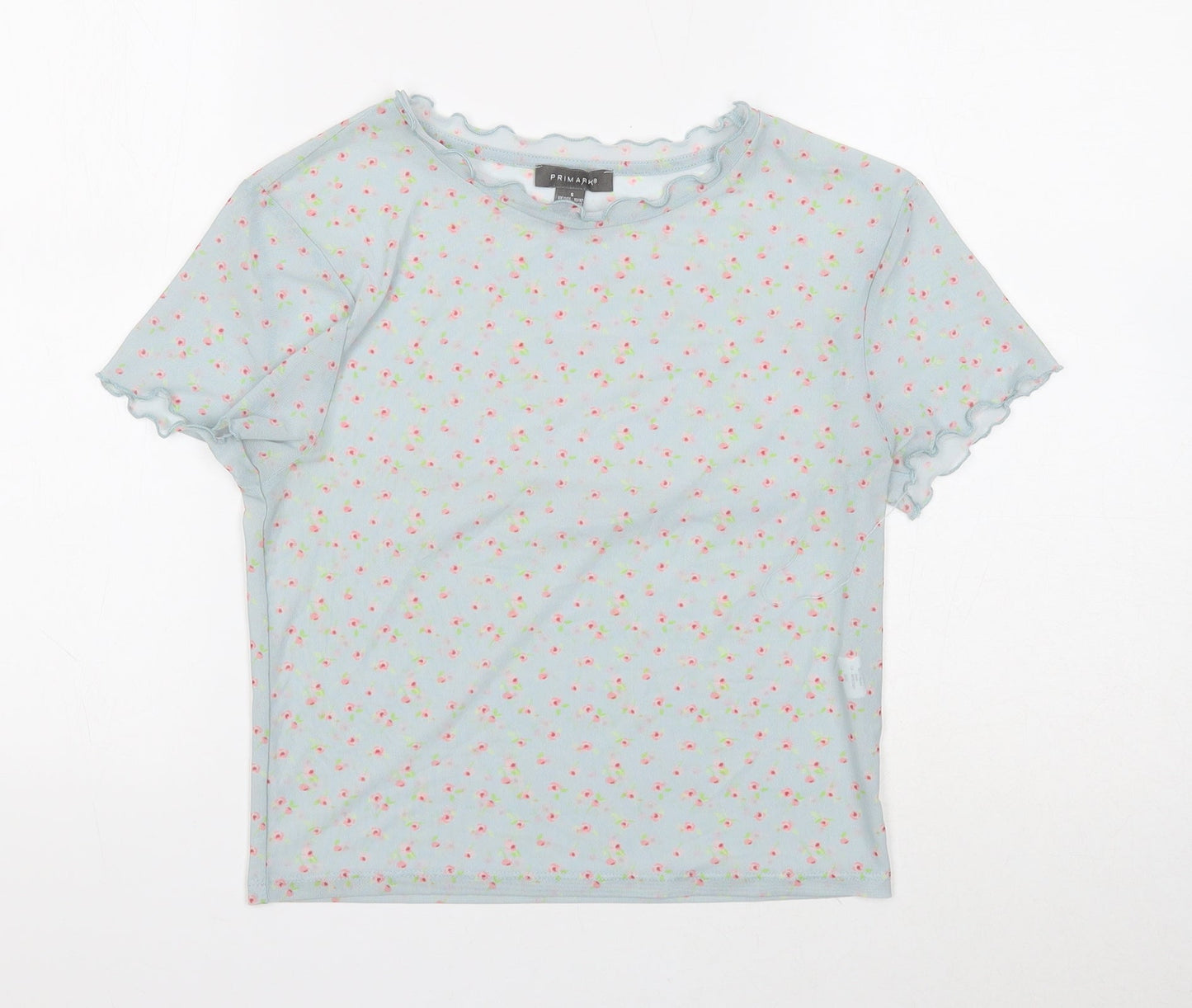 Primark Womens Blue Floral Polyester Basic T-Shirt Size S Mock Neck - Lettuce Edge