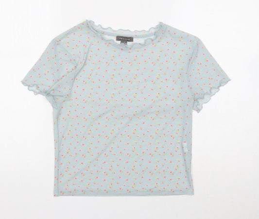 Primark Womens Blue Floral Polyester Basic T-Shirt Size S Mock Neck - Lettuce Edge