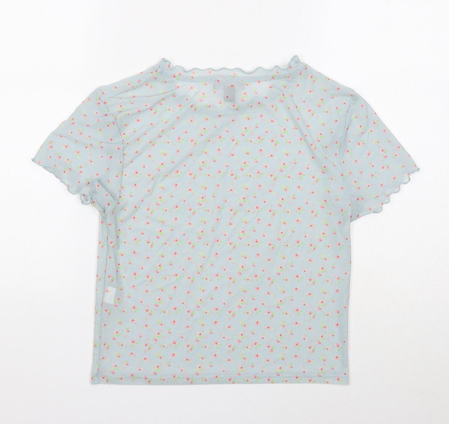 Primark Womens Blue Floral Polyester Basic T-Shirt Size S Mock Neck - Lettuce Edge