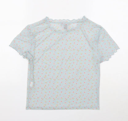 Primark Womens Blue Floral Polyester Basic T-Shirt Size S Mock Neck - Lettuce Edge