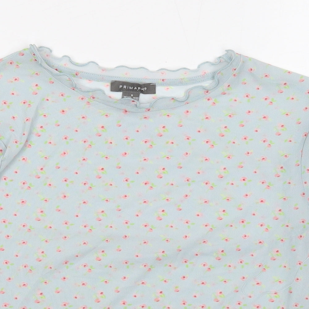 Primark Womens Blue Floral Polyester Basic T-Shirt Size S Mock Neck - Lettuce Edge