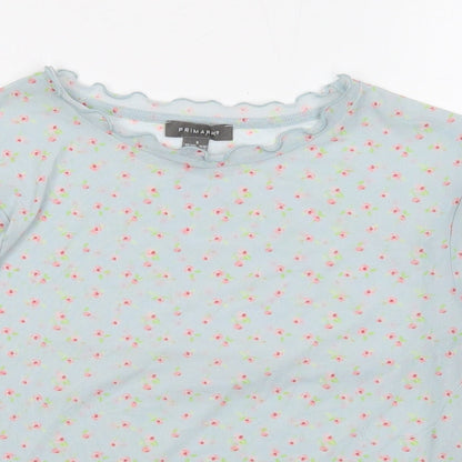Primark Womens Blue Floral Polyester Basic T-Shirt Size S Mock Neck - Lettuce Edge
