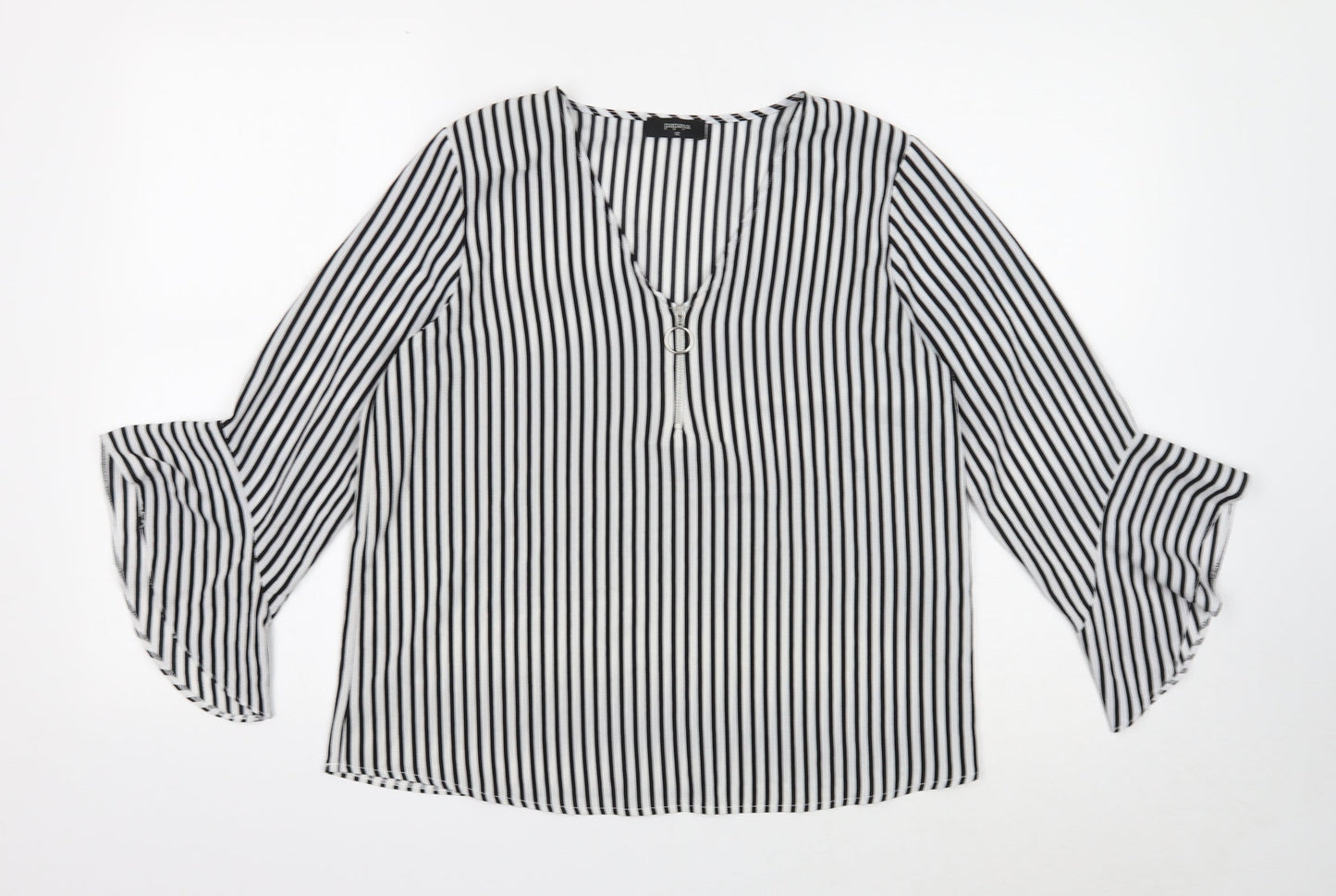 Papaya Womens White Striped Polyester Basic Blouse Size 12 V-Neck - Ruffle Cuff