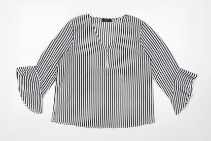 Papaya Womens White Striped Polyester Basic Blouse Size 12 V-Neck - Ruffle Cuff