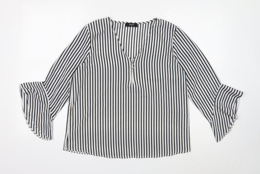 Papaya Womens White Striped Polyester Basic Blouse Size 12 V-Neck - Ruffle Cuff