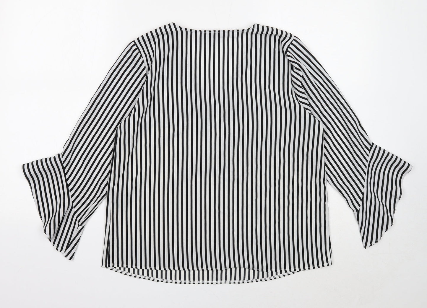 Papaya Womens White Striped Polyester Basic Blouse Size 12 V-Neck - Ruffle Cuff