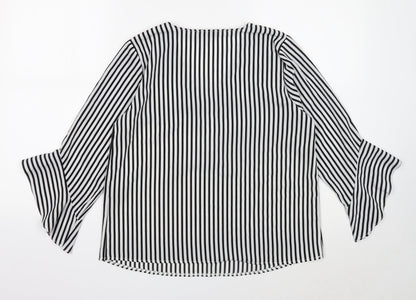 Papaya Womens White Striped Polyester Basic Blouse Size 12 V-Neck - Ruffle Cuff