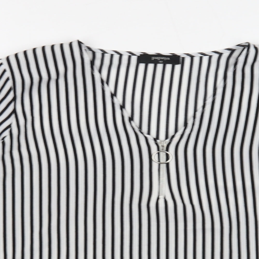 Papaya Womens White Striped Polyester Basic Blouse Size 12 V-Neck - Ruffle Cuff