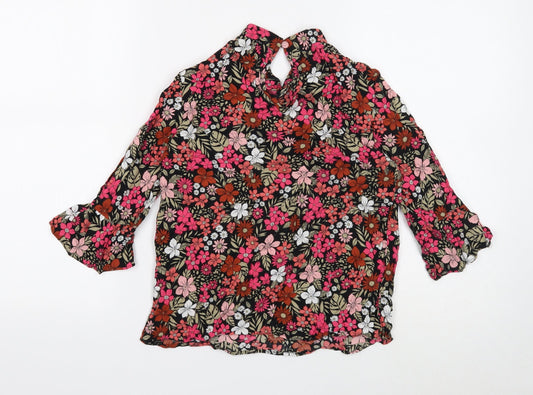 F&F Womens Black Floral Viscose Basic Button-Up Size 6 Collared