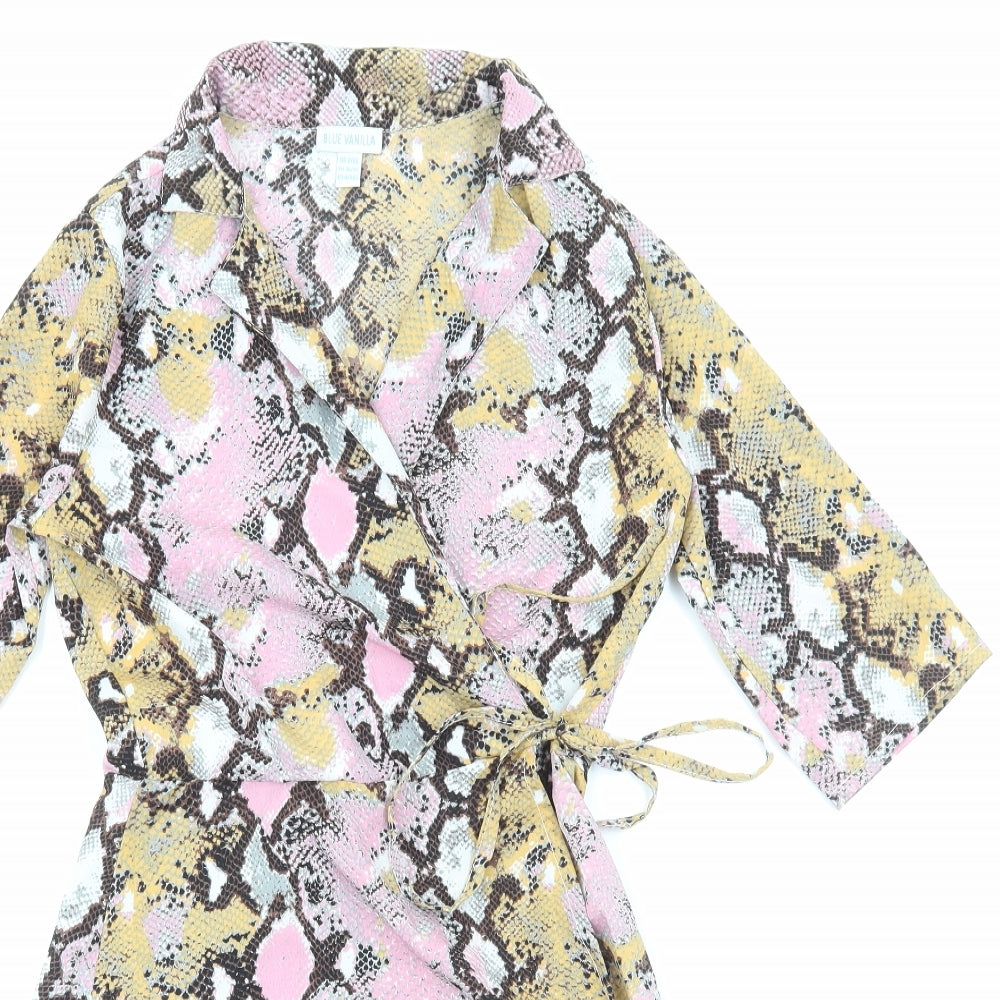 Blue Vanilla Womens Pink Animal Print Viscose Wrap Dress Size 8 Collared Tie - Snake Print