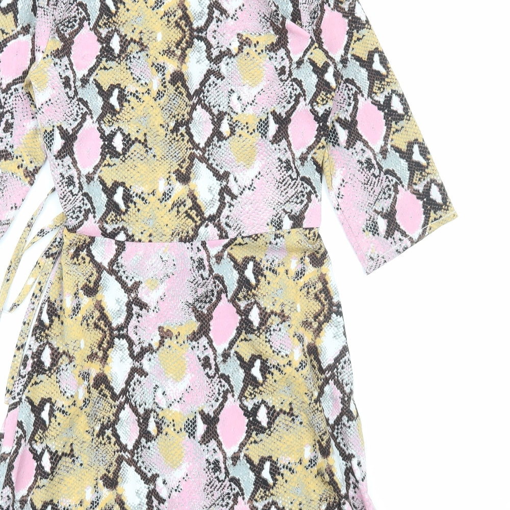 Blue Vanilla Womens Pink Animal Print Viscose Wrap Dress Size 8 Collared Tie - Snake Print