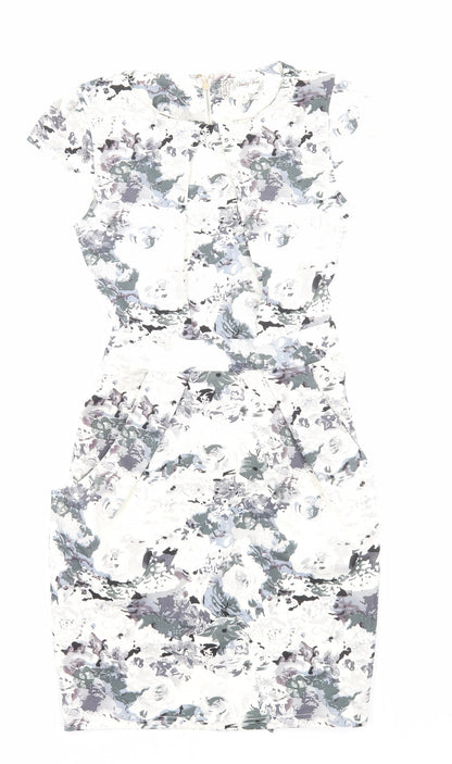 Voulez-Vous Womens White Floral Viscose Bodycon Size 8 Round Neck Zip