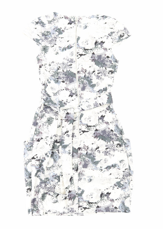 Voulez-Vous Womens White Floral Viscose Bodycon Size 8 Round Neck Zip