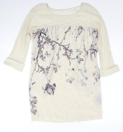 Mint Velvet Womens Beige Floral Silk A-Line Size 12 Round Neck Pullover