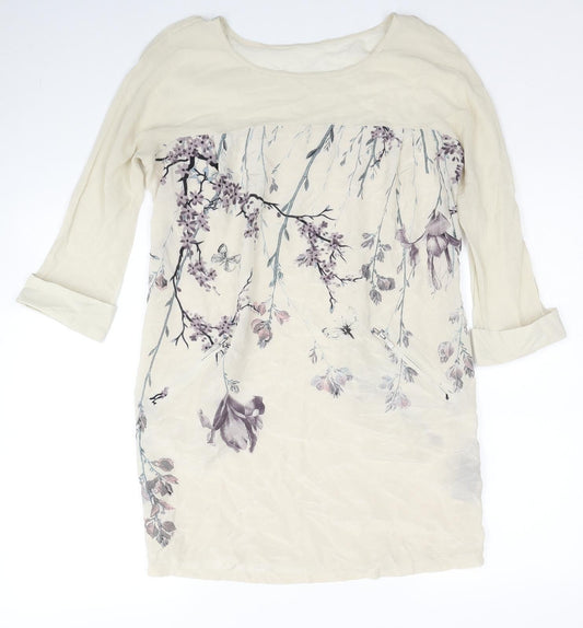 Mint Velvet Womens Beige Floral Silk A-Line Size 12 Round Neck Pullover