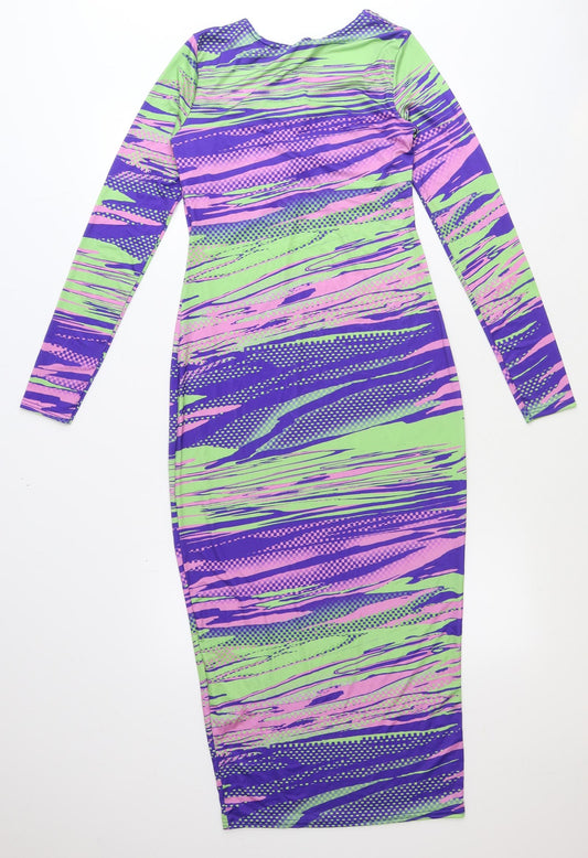 PRETTYLITTLETHING Womens Multicoloured Geometric Polyester Bodycon Size 10 Round Neck Pullover