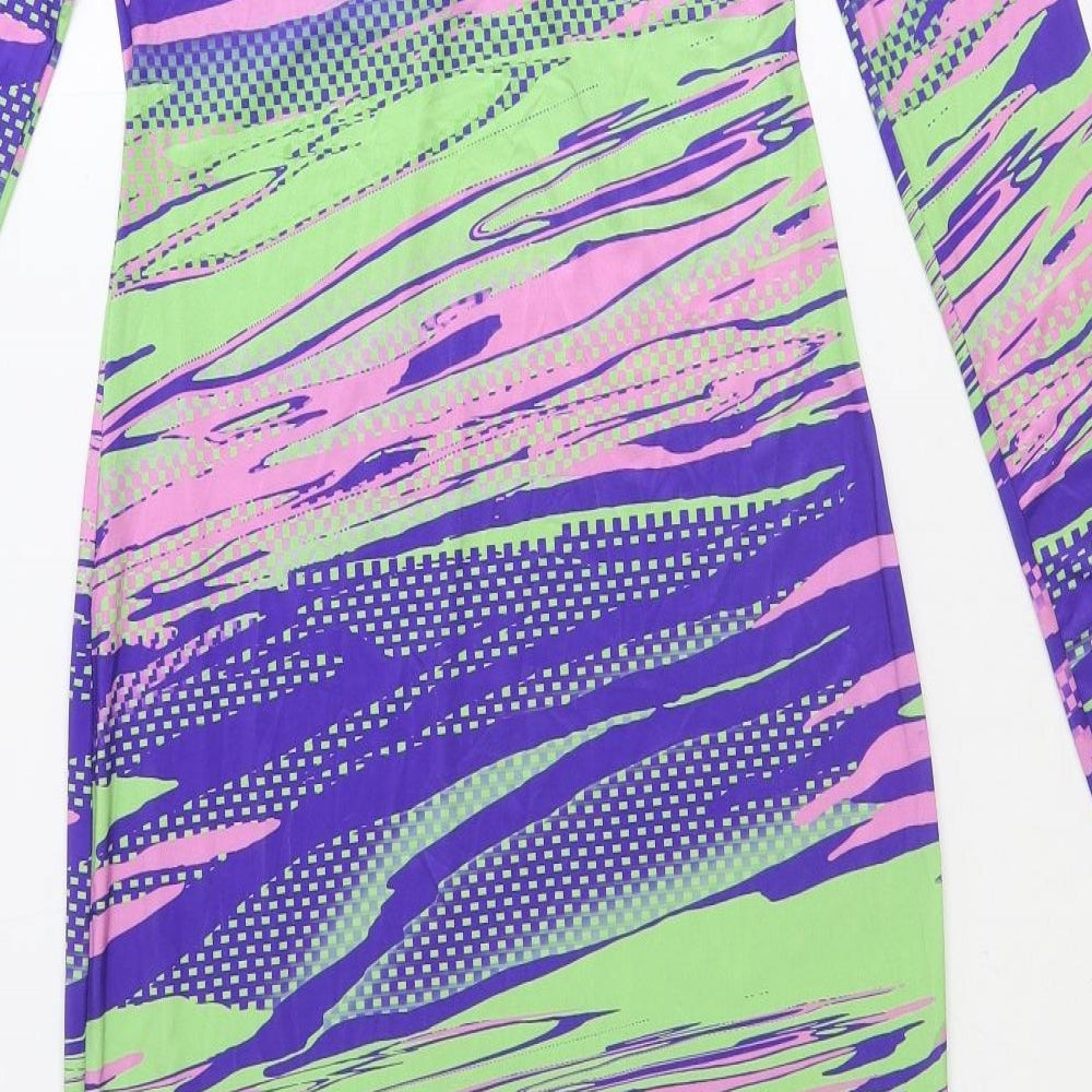 PRETTYLITTLETHING Womens Multicoloured Geometric Polyester Bodycon Size 10 Round Neck Pullover