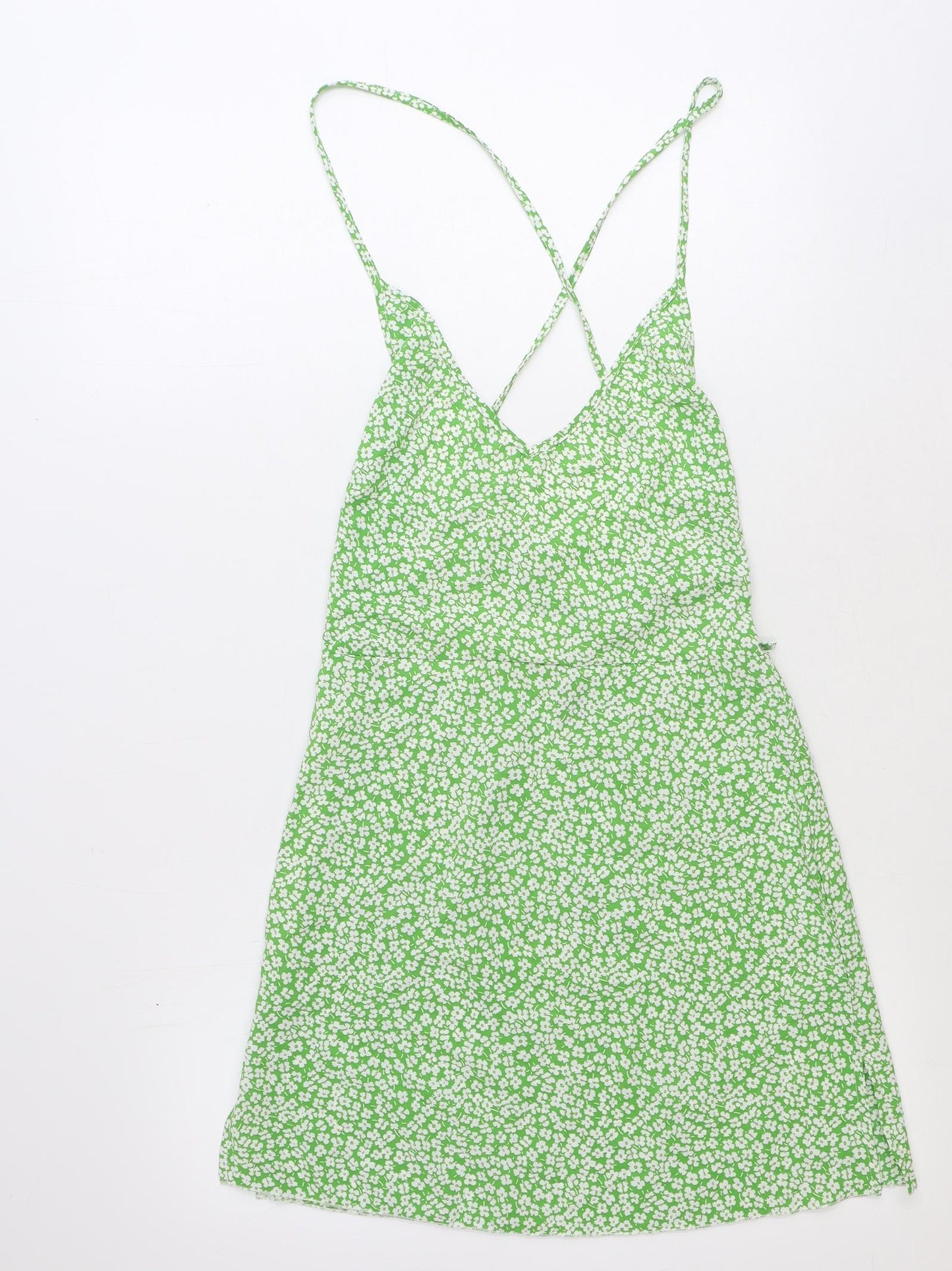 Shein Womens Green Floral Polyester Slip Dress Size S V-Neck Zip