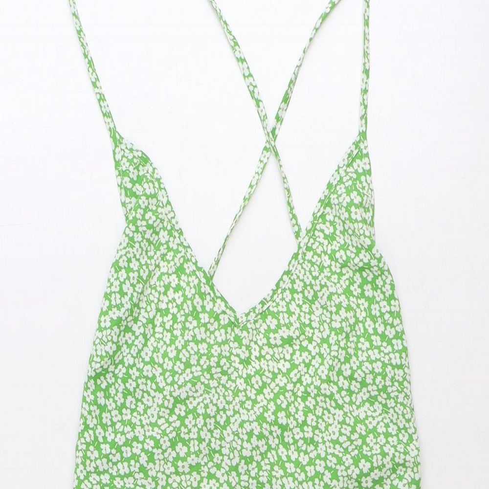 Shein Womens Green Floral Polyester Slip Dress Size S V-Neck Zip