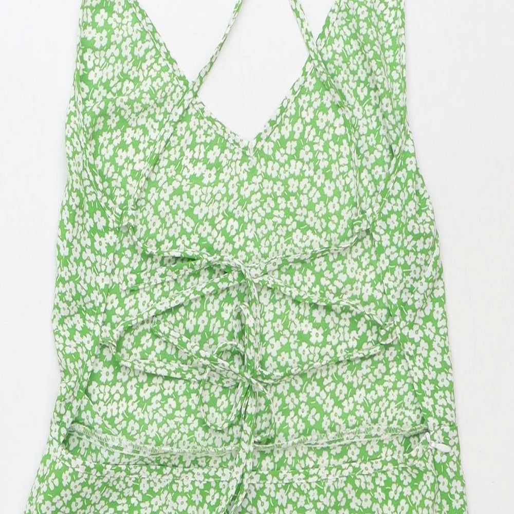 Shein Womens Green Floral Polyester Slip Dress Size S V-Neck Zip