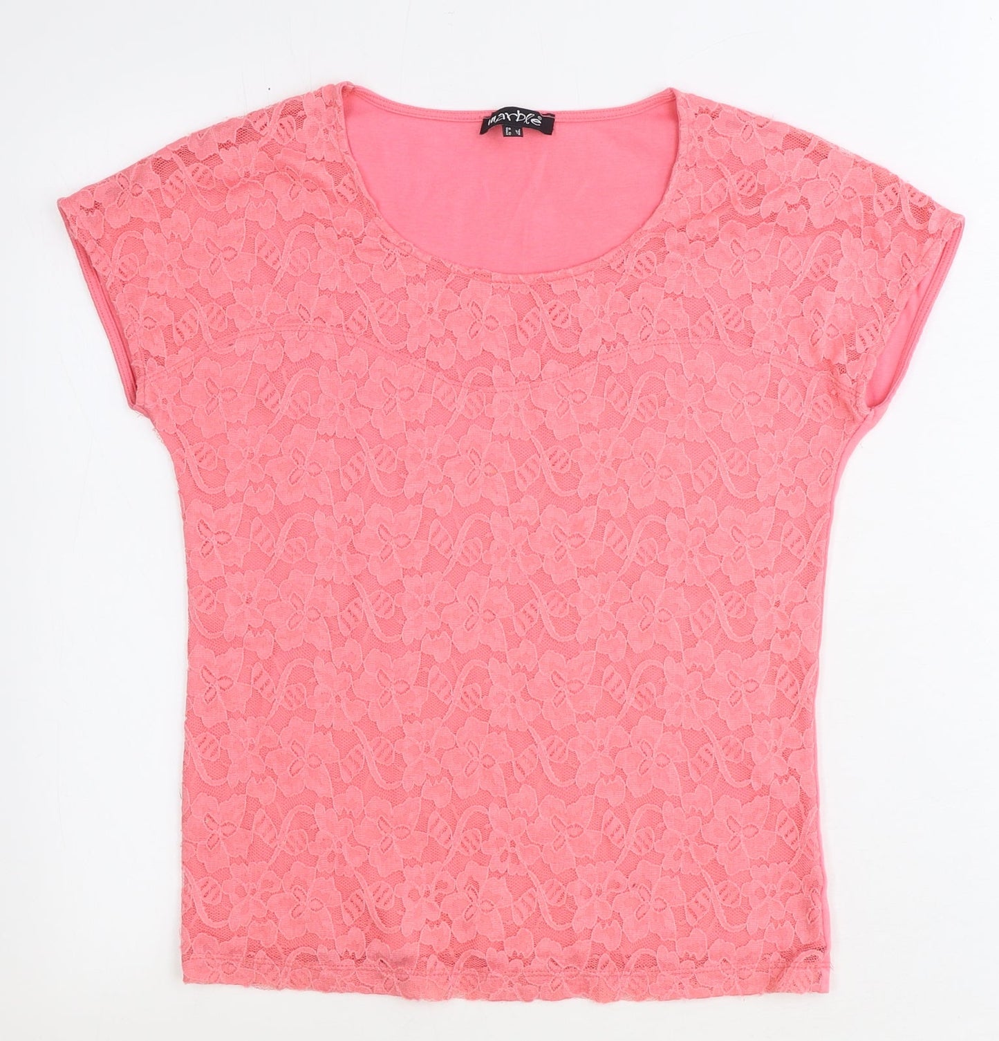 Marble Womens Pink Polyester Basic T-Shirt Size 8 Round Neck