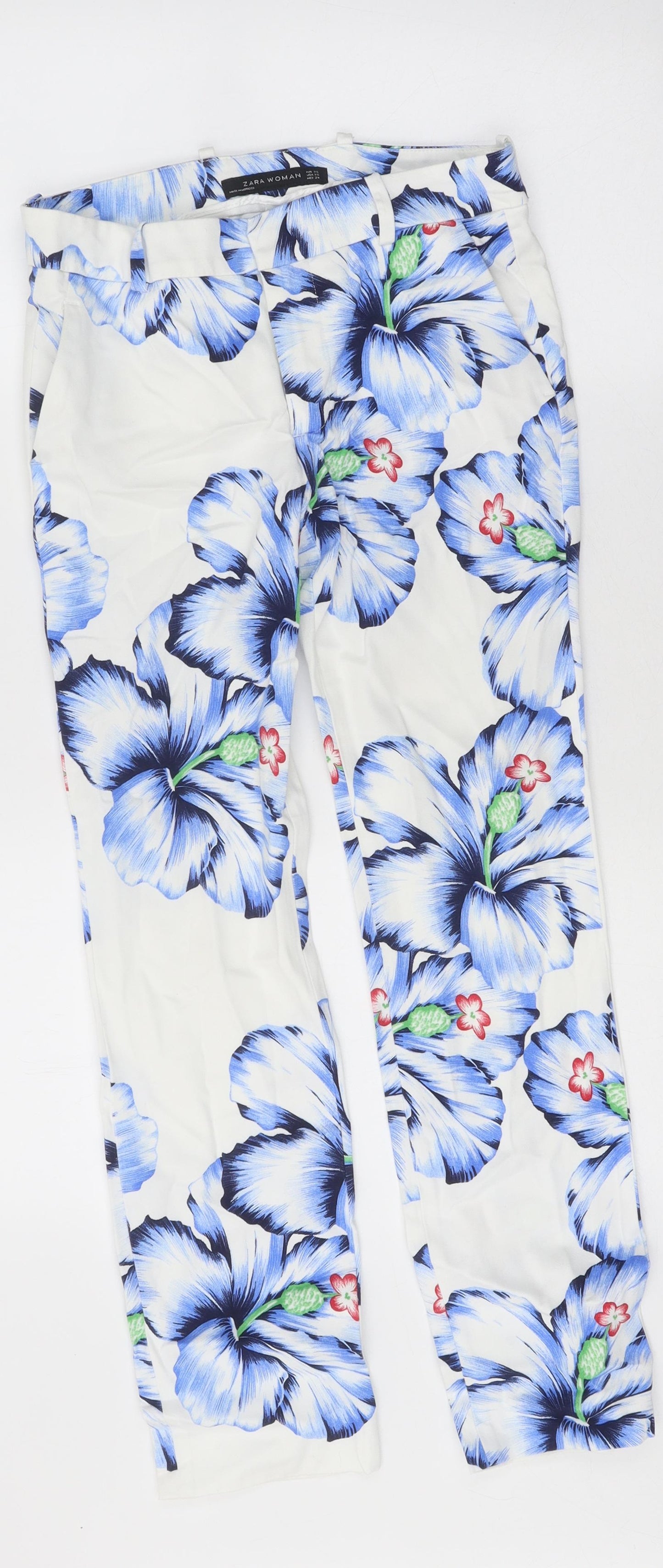 Zara Womens White Floral Cotton Straight Jeans Size XS Regular Zip