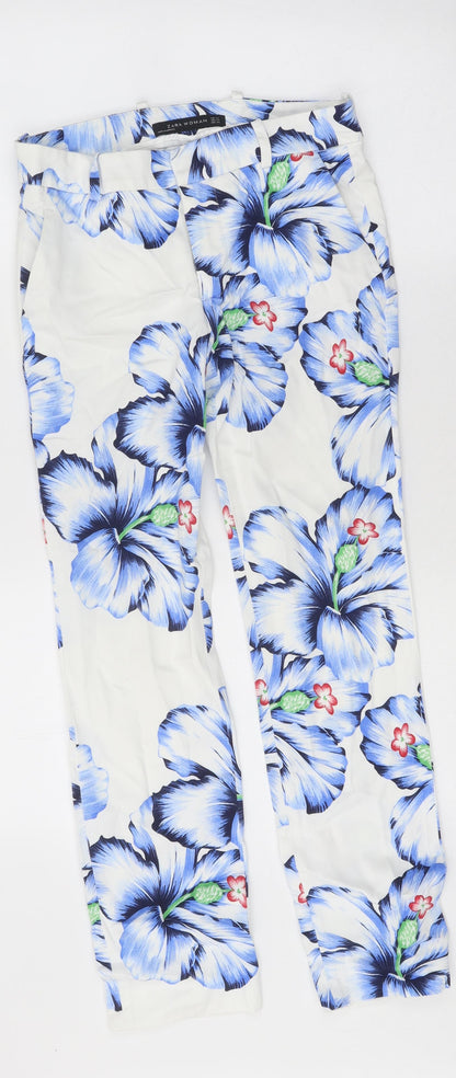 Zara Womens White Floral Cotton Straight Jeans Size XS Regular Zip