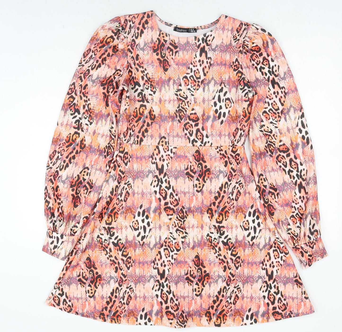 Boohoo Womens Orange Geometric Polyester A-Line Size 10 Round Neck