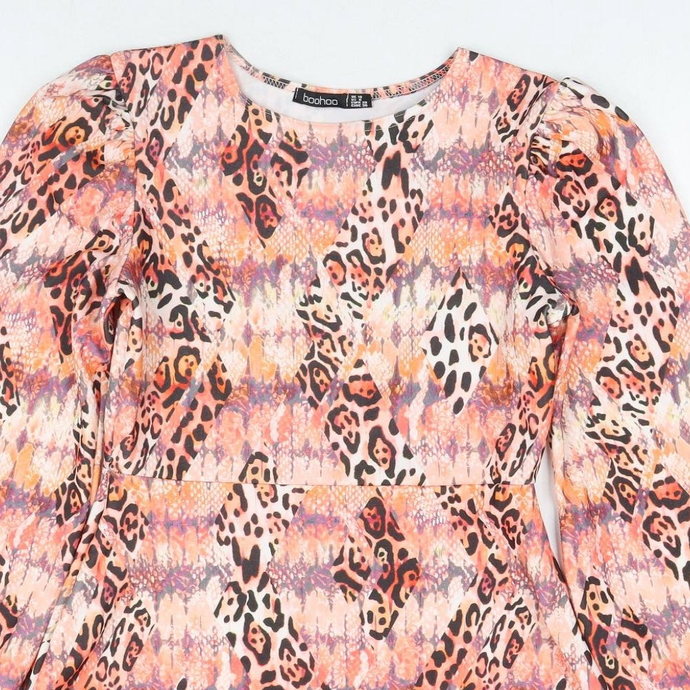 Boohoo Womens Orange Geometric Polyester A-Line Size 10 Round Neck