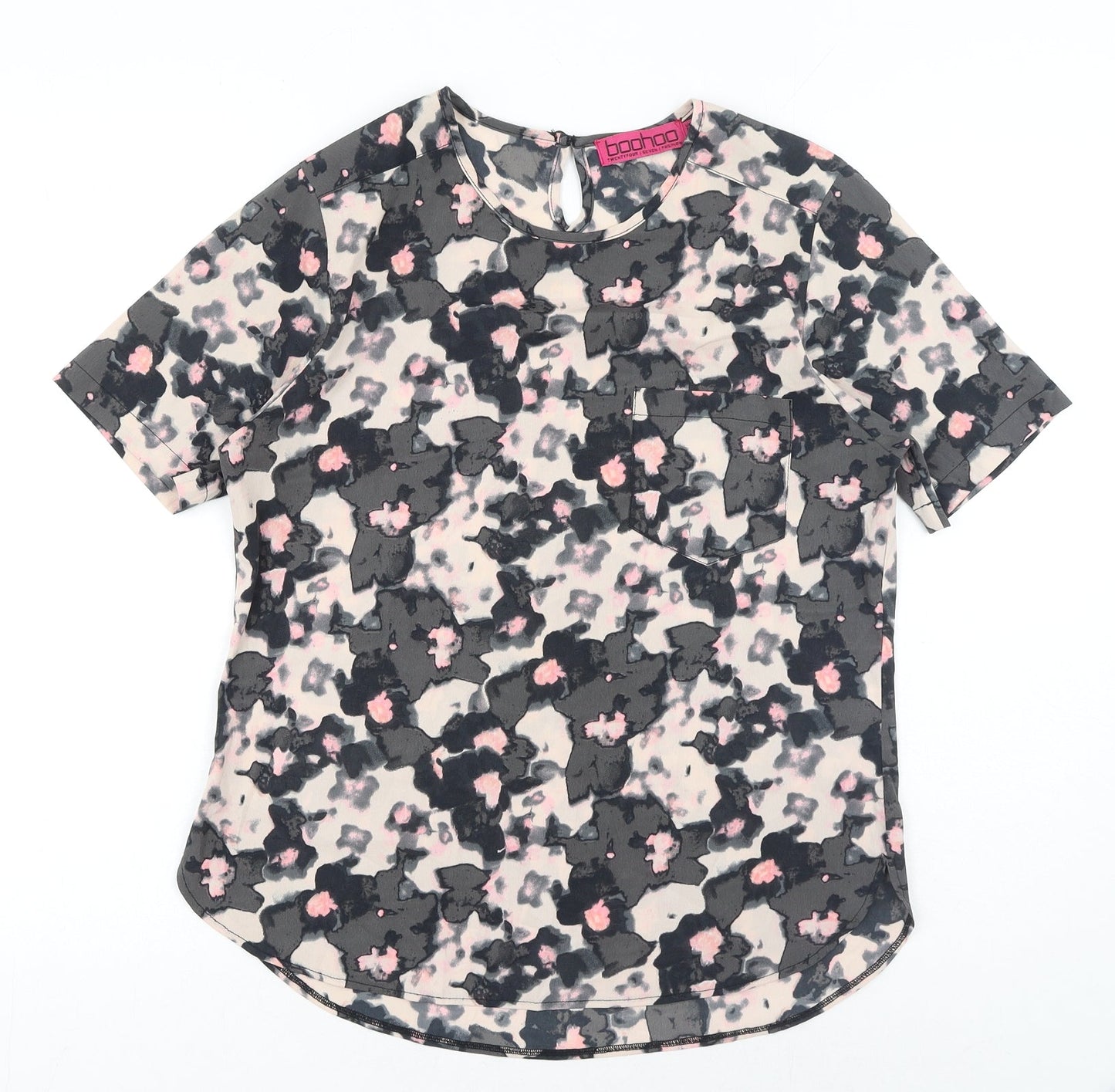 Boohoo Womens Grey Geometric Polyester Basic T-Shirt Size 10 Scoop Neck