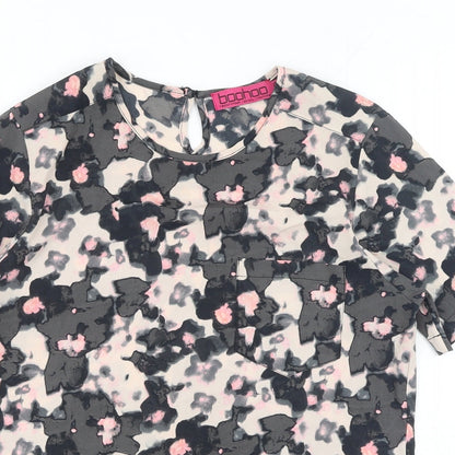 Boohoo Womens Grey Geometric Polyester Basic T-Shirt Size 10 Scoop Neck