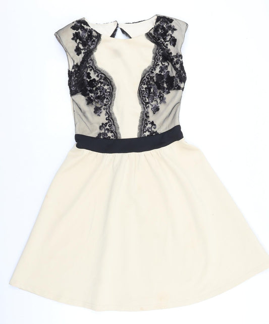 Little Mistress Womens Beige Floral Viscose Fit & Flare Size 10 Boat Neck Zip