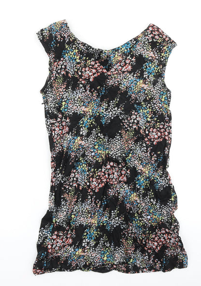 Warehouse Womens Black Floral Viscose A-Line Size 12 Scoop Neck Zip
