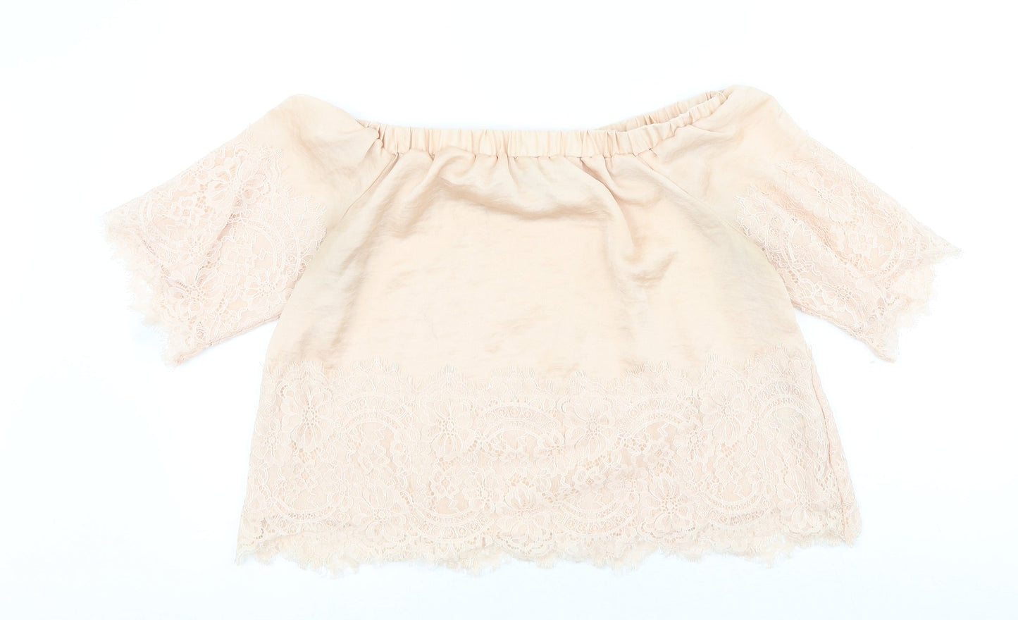 Very Petite Womens Pink Viscose Cropped Blouse Size 12 Boat Neck - Lace Detail
