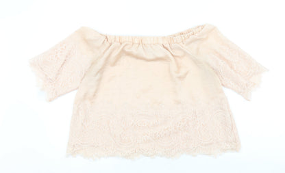 Very Petite Womens Pink Viscose Cropped Blouse Size 12 Boat Neck - Lace Detail