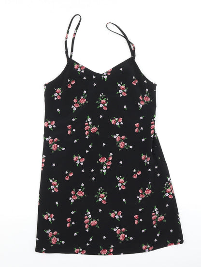 H&M Womens Black Floral Polyester Tank Dress Size 4 V-Neck Pullover