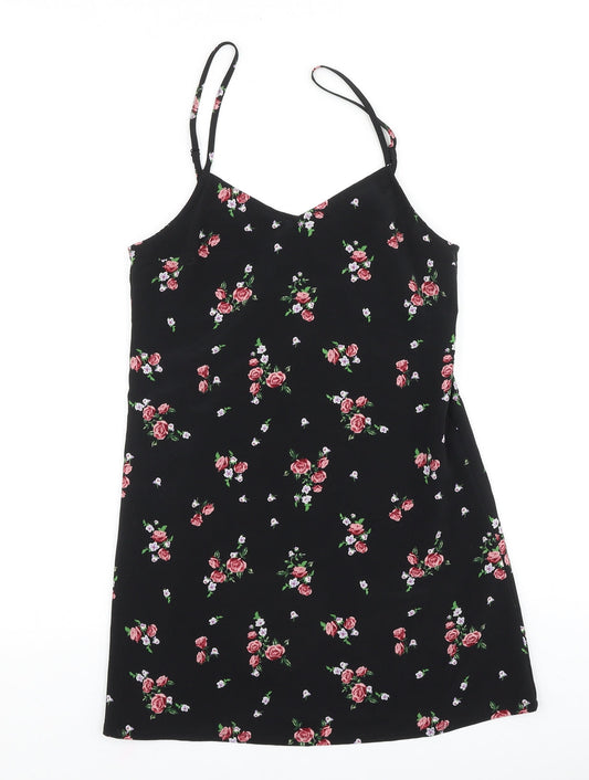 H&M Womens Black Floral Polyester Tank Dress Size 4 V-Neck Pullover