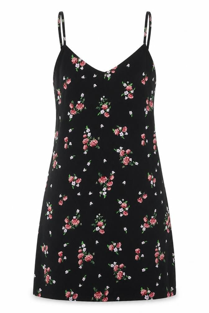 H&M Womens Black Floral Polyester Tank Dress Size 4 V-Neck Pullover