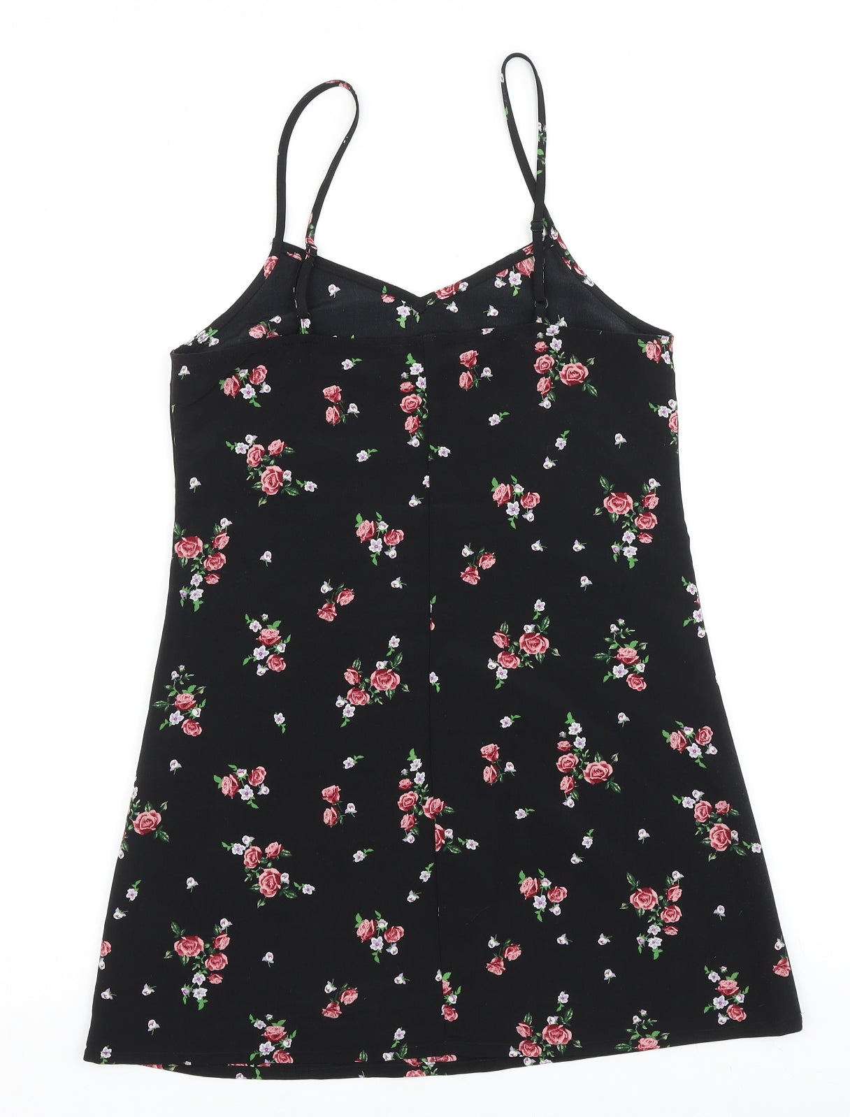 H&M Womens Black Floral Polyester Tank Dress Size 4 V-Neck Pullover
