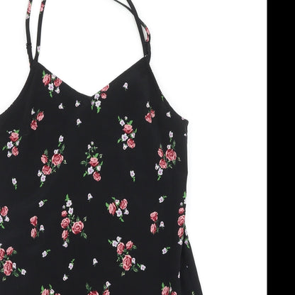H&M Womens Black Floral Polyester Tank Dress Size 4 V-Neck Pullover