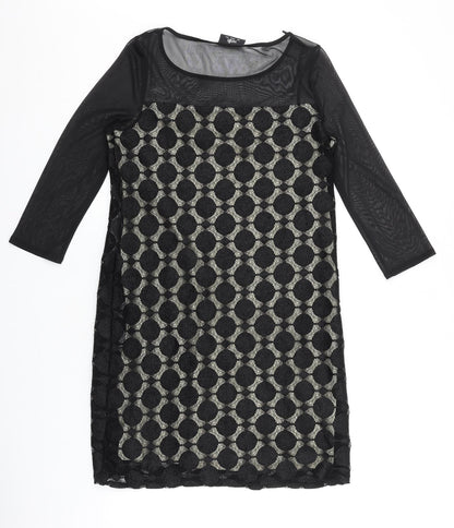 Wallis Womens Black Geometric Polyester Shift Size 8 Scoop Neck Pullover