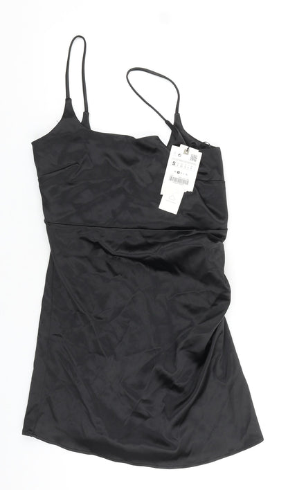 Zara Womens Black Polyester Slip Dress Size S Square Neck Zip