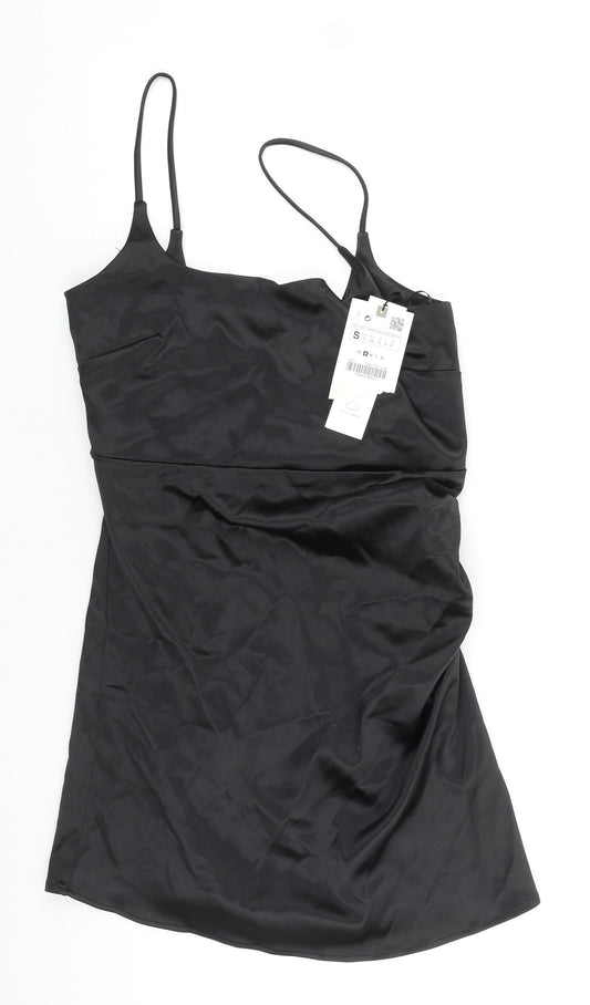 Zara Womens Black Polyester Slip Dress Size S Square Neck Zip