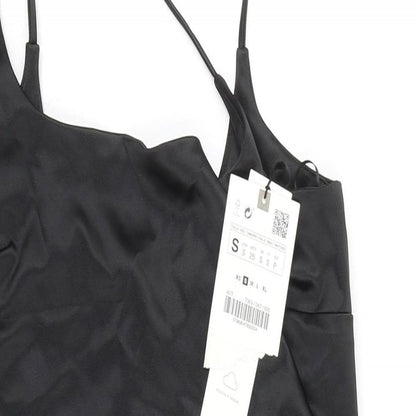 Zara Womens Black Polyester Slip Dress Size S Square Neck Zip