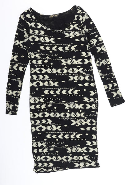High Rose Womens Black Geometric Viscose Bodycon Size S Scoop Neck Pullover