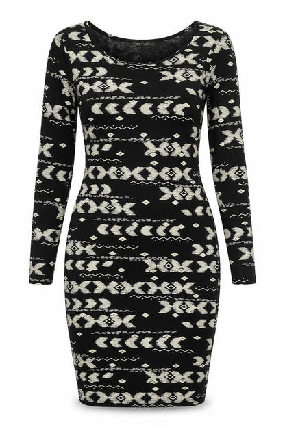 High Rose Womens Black Geometric Viscose Bodycon Size S Scoop Neck Pullover