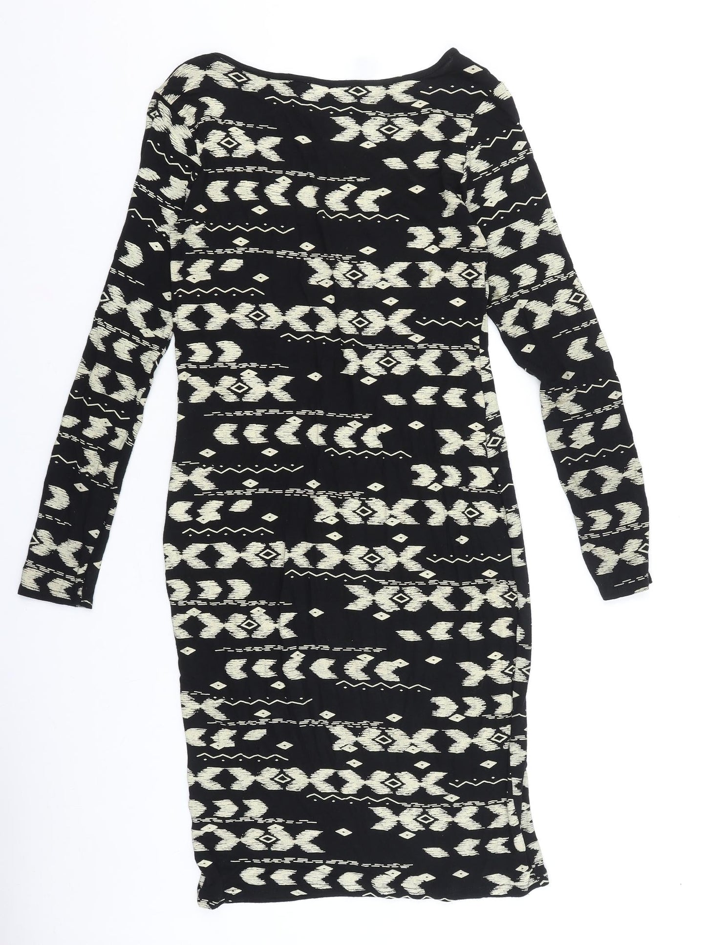 High Rose Womens Black Geometric Viscose Bodycon Size S Scoop Neck Pullover