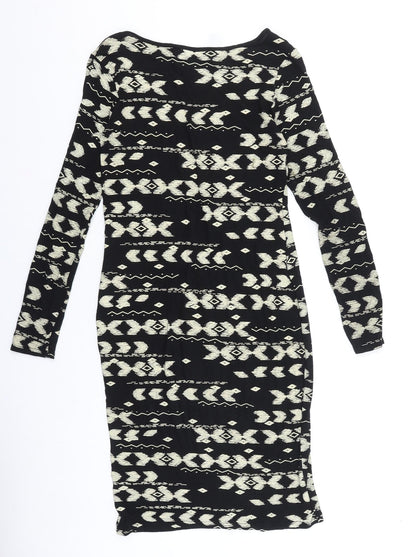 High Rose Womens Black Geometric Viscose Bodycon Size S Scoop Neck Pullover