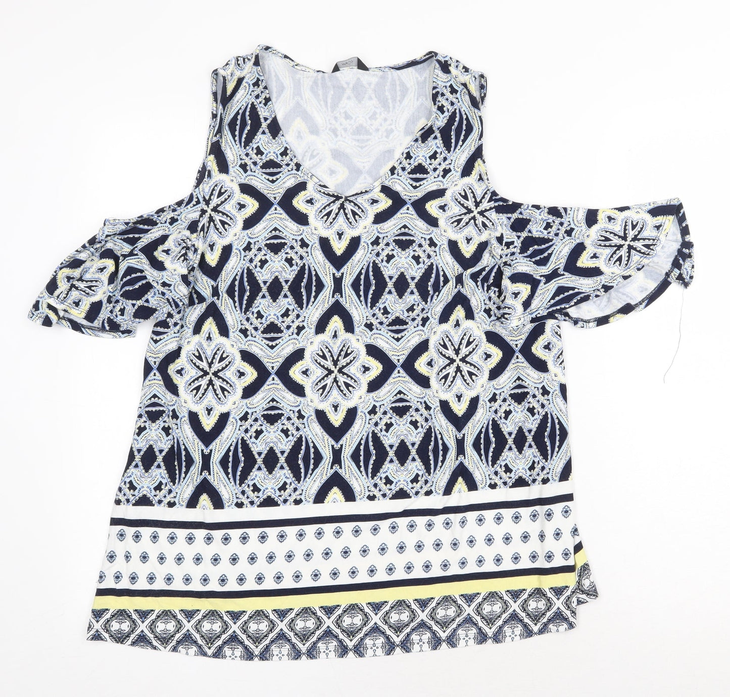 M&Co Womens Blue Geometric Viscose Basic Blouse Size 14 Scoop Neck - Cold Shoulder