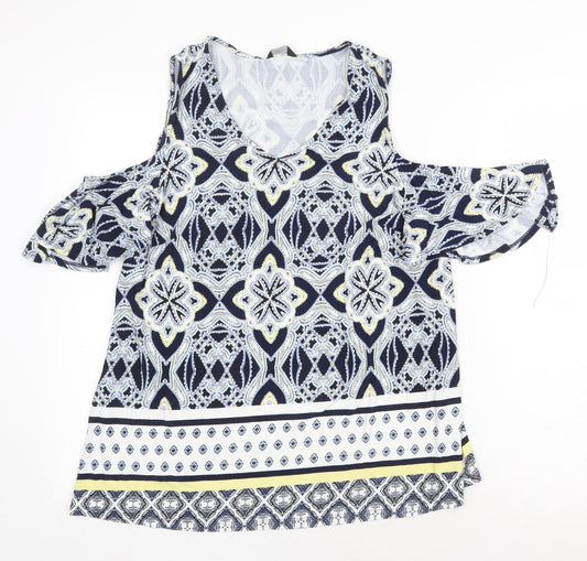 M&Co Womens Blue Geometric Viscose Basic Blouse Size 14 Scoop Neck - Cold Shoulder